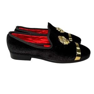 Elanroman Men's Black Velvet Loafers Gold Crest EU 40 Red Lining BR-C1493
